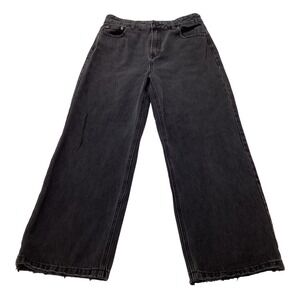Glassons Black Wide Leg‎ Jeans Women's Size 12 Raw Hem Vintage Washed Denim